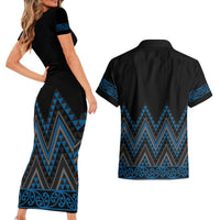 Blue Aotearoa Mangopare Kowhaiwhai and Niho Taniwha Couples Matching Short Sleeve Bodycon Dress and Hawaiian Shirt Maori New Zealand