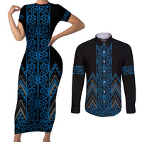 Blue Aotearoa Mangopare Kowhaiwhai and Niho Taniwha Couples Matching Short Sleeve Bodycon Dress and Long Sleeve Button Shirt Maori New Zealand