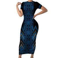 Blue Aotearoa Mangopare Kowhaiwhai and Niho Taniwha Family Matching Short Sleeve Bodycon Dress and Hawaiian Shirt Maori New Zealand
