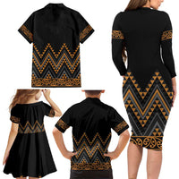 Gold Aotearoa Mangopare Kowhaiwhai and Niho Taniwha Family Matching Long Sleeve Bodycon Dress and Hawaiian Shirt Maori New Zealand