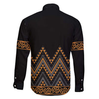 Gold Aotearoa Mangopare Kowhaiwhai and Niho Taniwha Family Matching Long Sleeve Bodycon Dress and Hawaiian Shirt Maori New Zealand