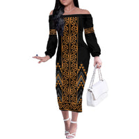 Gold Aotearoa Mangopare Kowhaiwhai and Niho Taniwha Family Matching Off The Shoulder Long Sleeve Dress and Hawaiian Shirt Maori New Zealand