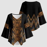 Gold Aotearoa Mangopare Kowhaiwhai Niho Taniwha Kimono Sleeve Blouse Maori New Zealand - Polynesian Pride