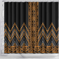 Gold Aotearoa Mangopare Kowhaiwhai and Niho Taniwha Shower Curtain Maori New Zealand