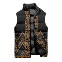Gold Aotearoa Mangopare Kowhaiwhai Niho Taniwha Sleeveless Puffer Jacket Maori New Zealand - Polynesian Pride
