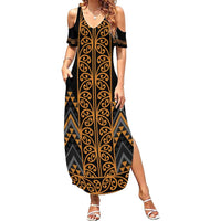 Gold Aotearoa Mangopare Kowhaiwhai and Niho Taniwha Summer Maxi Dress Maori New Zealand