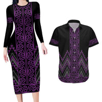 Purple Aotearoa Mangopare Kowhaiwhai and Niho Taniwha Couples Matching Long Sleeve Bodycon Dress and Hawaiian Shirt Maori New Zealand