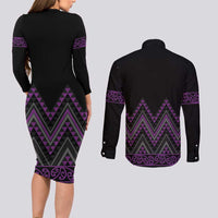 Purple Aotearoa Mangopare Kowhaiwhai and Niho Taniwha Couples Matching Long Sleeve Bodycon Dress and Long Sleeve Button Shirt Maori New Zealand
