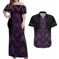 Purple Aotearoa Mangopare Kowhaiwhai and Niho Taniwha Couples Matching Off Shoulder Maxi Dress and Hawaiian Shirt Maori New Zealand