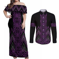 Purple Aotearoa Mangopare Kowhaiwhai and Niho Taniwha Couples Matching Off Shoulder Maxi Dress and Long Sleeve Button Shirt Maori New Zealand