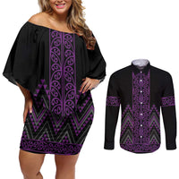 Purple Aotearoa Mangopare Kowhaiwhai and Niho Taniwha Couples Matching Off Shoulder Short Dress and Long Sleeve Button Shirt Maori New Zealand