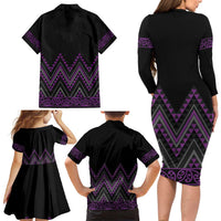 Purple Aotearoa Mangopare Kowhaiwhai and Niho Taniwha Family Matching Long Sleeve Bodycon Dress and Hawaiian Shirt Maori New Zealand