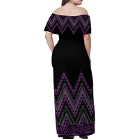 Purple Aotearoa Mangopare Kowhaiwhai and Niho Taniwha Family Matching Off Shoulder Maxi Dress and Hawaiian Shirt Maori New Zealand