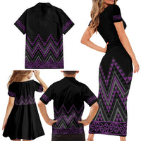Purple Aotearoa Mangopare Kowhaiwhai and Niho Taniwha Family Matching Short Sleeve Bodycon Dress and Hawaiian Shirt Maori New Zealand