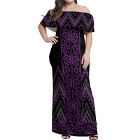 Purple Aotearoa Mangopare Kowhaiwhai and Niho Taniwha Off Shoulder Maxi Dress Maori New Zealand