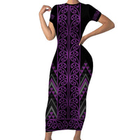Purple Aotearoa Mangopare Kowhaiwhai and Niho Taniwha Short Sleeve Bodycon Dress Maori New Zealand