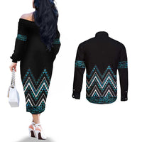 Paua Shell Aotearoa Mangopare Kowhaiwhai and Niho Taniwha Couples Matching Off The Shoulder Long Sleeve Dress and Long Sleeve Button Shirt Maori New Zealand