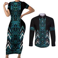 Paua Shell Aotearoa Mangopare Kowhaiwhai and Niho Taniwha Couples Matching Short Sleeve Bodycon Dress and Long Sleeve Button Shirt Maori New Zealand