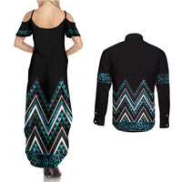 Paua Shell Aotearoa Mangopare Kowhaiwhai and Niho Taniwha Couples Matching Summer Maxi Dress and Long Sleeve Button Shirt Maori New Zealand