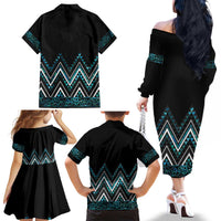 Paua Shell Aotearoa Mangopare Kowhaiwhai and Niho Taniwha Family Matching Off The Shoulder Long Sleeve Dress and Hawaiian Shirt Maori New Zealand