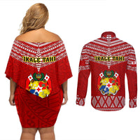Tonga Rugby Couples Matching Off Shoulder Short Dress and Long Sleeve Button Shirts 2023 World Cup Tongan Kupesi Ngatu Pattern LT14 - Polynesian Pride
