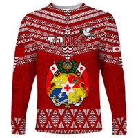 Tonga Rugby Long Sleeve Shirt 2023 World Cup Tongan Kupesi Ngatu Pattern LT14 Unisex Red - Polynesian Pride