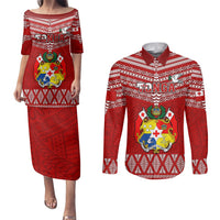 Custom Tonga Rugby Couples Matching Puletasi Dress and Long Sleeve Button Shirts 2023 World Cup Tongan Kupesi Ngatu Pattern LT14 Red - Polynesian Pride