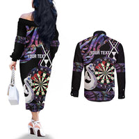 Personalised New Zealand Darts Couples Matching Off The Shoulder Long Sleeve Dress and Long Sleeve Button Shirt Ngutukaka Manaia Taniko Luxury Purple - Polynesian Pride