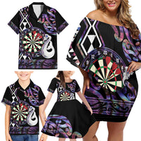 Personalised New Zealand Darts Family Matching Off Shoulder Short Dress and Hawaiian Shirt Ngutukaka Manaia Taniko Luxury Purple - Polynesian Pride