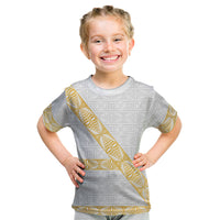 Tonga White Sunday Kid T Shirt Fakame Tongan Ngatu Pattern Gold Strips