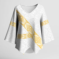 Tonga White Sunday Kimono Sleeve Blouse Fakame Tongan Ngatu Pattern Gold Strips