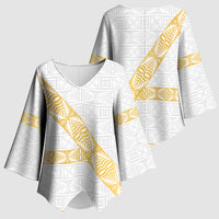 Tonga White Sunday Kimono Sleeve Blouse Fakame Tongan Ngatu Pattern Gold Strips