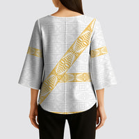 Tonga White Sunday Kimono Sleeve Blouse Fakame Tongan Ngatu Pattern Gold Strips