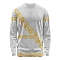 Tonga White Sunday Long Sleeve Shirt Fakame Tongan Ngatu Pattern Gold Strips