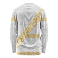 Tonga White Sunday Long Sleeve Shirt Fakame Tongan Ngatu Pattern Gold Strips