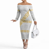 Tonga White Sunday Off The Shoulder Long Sleeve Dress Fakame Tongan Ngatu Pattern Gold Strips