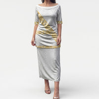 Tonga White Sunday Puletasi Fakame Tongan Ngatu Pattern Gold Strips