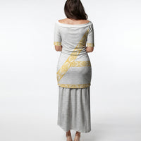 Tonga White Sunday Puletasi Fakame Tongan Ngatu Pattern Gold Strips