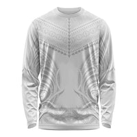 Niue White Sunday Long Sleeve Shirt Aho Tapu Fanau Hiapo Pattern