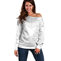 Niue White Sunday Off Shoulder Sweater Aho Tapu Fanau Hiapo Pattern