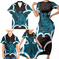 Kikorangi Aotearoa Atua Tumatauenga Personalised Family Matching Short Sleeve Bodycon Dress and Hawaiian Shirt Maori God Of War Tiki With Taiaha
