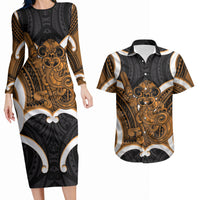 Karaka Aotearoa Atua Tumatauenga Personalised Couples Matching Long Sleeve Bodycon Dress and Hawaiian Shirt Maori God Of War Tiki With Taiaha