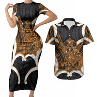 Karaka Aotearoa Atua Tumatauenga Personalised Couples Matching Short Sleeve Bodycon Dress and Hawaiian Shirt Maori God Of War Tiki With Taiaha