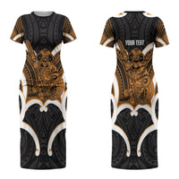 Karaka Aotearoa Atua Tumatauenga Personalised Couples Matching Short Sleeve Bodycon Dress and Hawaiian Shirt Maori God Of War Tiki With Taiaha