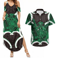 Kakariki Aotearoa Atua Tumatauenga Personalised Couples Matching Summer Maxi Dress and Hawaiian Shirt Maori God Of War Tiki With Taiaha LT14 Green - Polynesian Pride