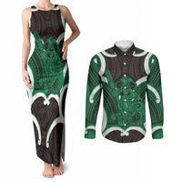 Kakariki Aotearoa Atua Tumatauenga Personalised Couples Matching Tank Maxi Dress and Long Sleeve Button Shirt Maori God Of War Tiki With Taiaha LT14 Green - Polynesian Pride