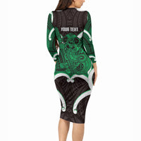 Kakariki Aotearoa Atua Tumatauenga Personalised Long Sleeve Bodycon Dress Maori God Of War Tiki With Taiaha LT14 - Polynesian Pride