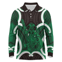 Kakariki Aotearoa Atua Tumatauenga Personalised Long Sleeve Polo Shirt Maori God Of War Tiki With Taiaha LT14 Green - Polynesian Pride