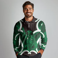 Kakariki Aotearoa Atua Tumatauenga Personalised Long Sleeve Polo Shirt Maori God Of War Tiki With Taiaha LT14 - Polynesian Pride