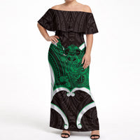 Kakariki Aotearoa Atua Tumatauenga Personalised Off Shoulder Maxi Dress Maori God Of War Tiki With Taiaha LT14 Women Green - Polynesian Pride
